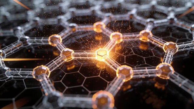 Receiving energy pulse, central node emitting gold sparks lighting nearby nodes on clear hex grid