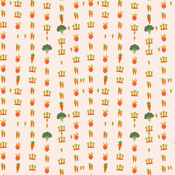 Pattern of cartoon carrots, apples, and broccoli