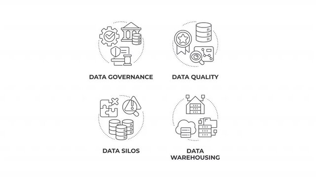 Enterprise information management framework animated line concept icon set. Streamlined data compliance systems. Flat linear graphics motion. Minimalist black outline animation pack