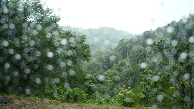 Raindrops on window pane with blurred forest background: moody rainy day atmosphere