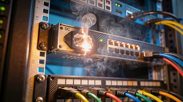 Overheating DC inlet on rack network module melting housing and sparking, producing smoke