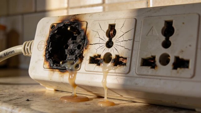 Dripping melted plastic from burnt left outlet, power strip overheating on kitchen counter, plug
