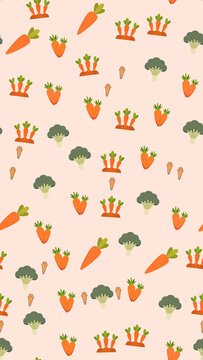 Seamless pattern of cartoon carrots and broccoli
