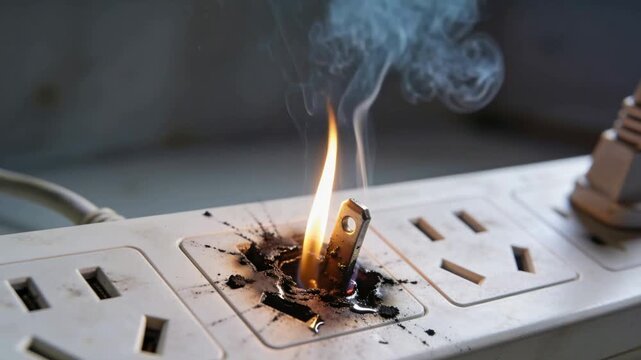 Overheating metal prong causing smoke, melting plastic and igniting white power strip on counter