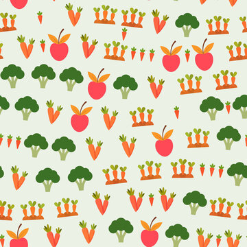 Seamless pattern of cartoon fruits and vegetables