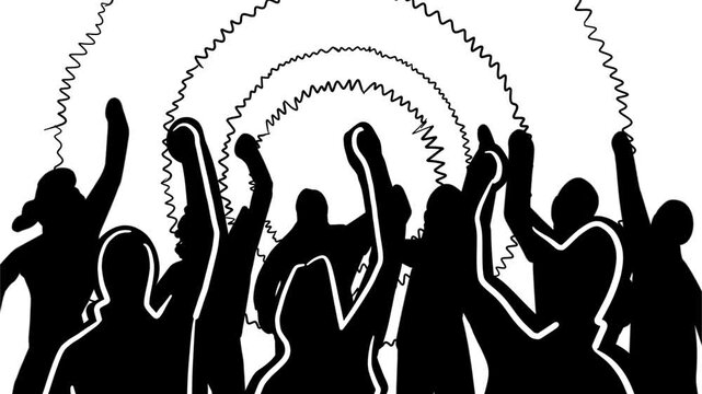 Animated silhouette of a cheering crowd raising hands at a concert with sound wave effects