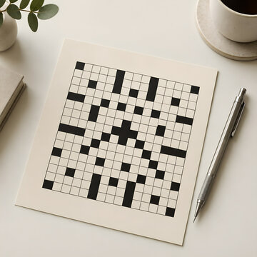 Crossword puzzle on a desk with a pen and coffee cup
