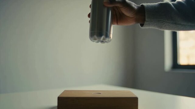 Entering right hand twisting bottle cap on table, lifting to carry from block, ribbed sleeve