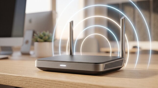 Modern wireless router with glowing signal waves on an office desk representing high-speed internet connectivity and network technology