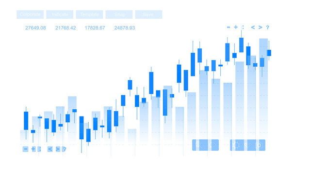 Blue bar chart on a black financial dashboard with grid lines, date labels, toolbar buttons, and rising data columns for business reporting.