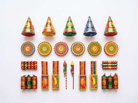Colorful Traditional Indian Diwali Firecrackers and Fireworks Collection Arranged Neatly on White Background