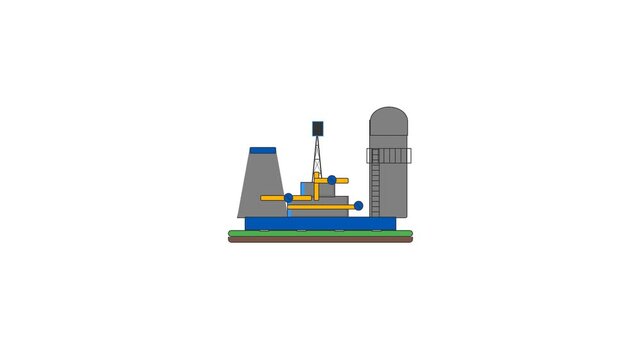 Minimalist vector illustration of a modern industrial power plant facility with cooling towers and complex pipe infrastructure isolated on white
