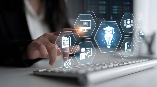 Businesswoman Touching Virtual Screen Displaying E-Learning, Online Education, Webinar, and Skill Training Icons on Computer Keyboard