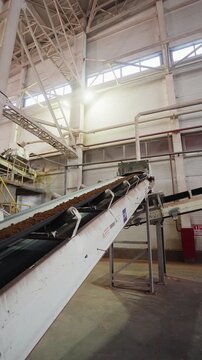 Inclined belt conveyor transporting clay inside a brick factory