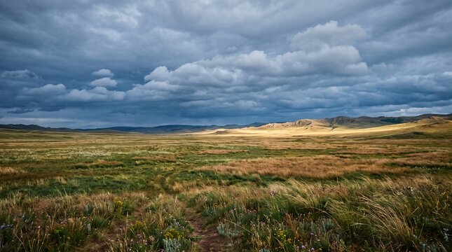 Dramatic storm clouds over a vast grassy steppe landscape