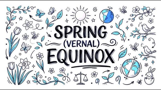Spring Vernal Equinox hand drawn lettering typography illustration with blooming flowers, birds, planet earth and nature doodles vector background.
