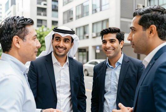 Diversity and inclusion in business, diverse group of professional men talking and networking in a modern urban office district during a workday
