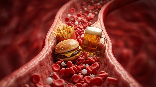 Fast food and beer inside blood vessel with red blood cells