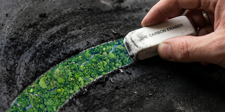 Hand using rubber eraser to remove black soot revealing lush green forest representing environmental restoration and sustainable carbon footprint reduction.
