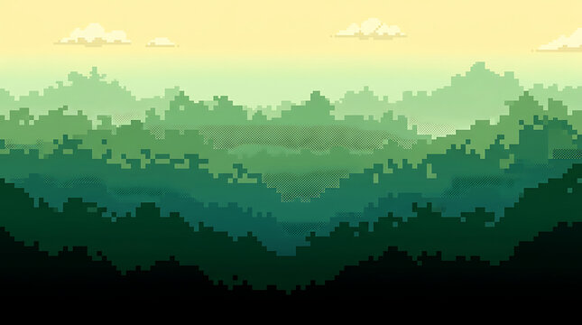 Pixel art forest landscape with rolling green hills