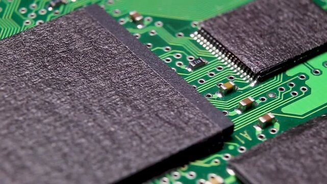 Electronic board with SMD components and a large microcircuit, video macro shooting