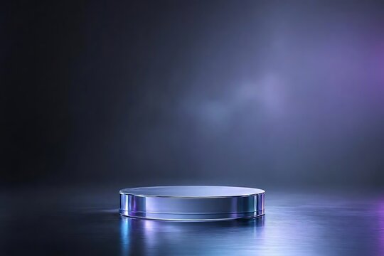 A sleek silver circular product display podium set against a dark moody atmosphere with purple and blue dramatic lighting for premium showcase