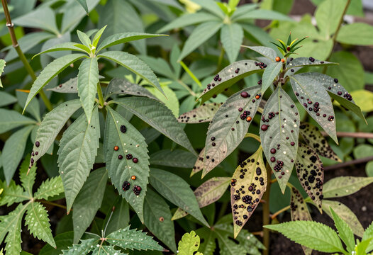 Plant disease and fungal infection, leaf spot symptoms on garden foliage, agricultural pathology and crop health issues in a botanical environment