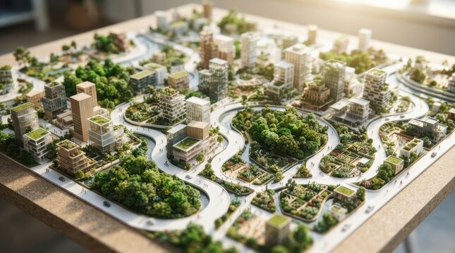 Detailed miniature city model on a tabletop with winding roads and green spaces