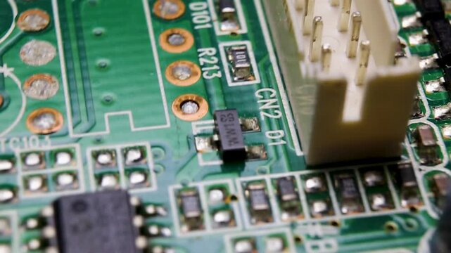 View of a part of an electronic printed circuit board with SMD components, macro video