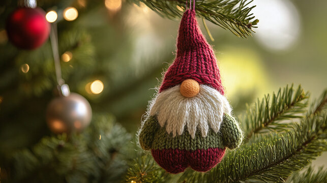 Charming knitted gnome ornament hanging on a festive Christmas tree with glowing fairy lights and colorful baubles in a cozy winter holiday setting, perfect for seasonal cards and greeting designs.t