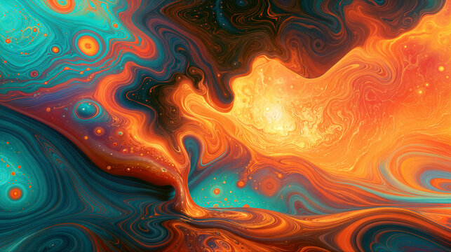 Surreal flowing landscape with tiny human silhouette beneath glowing orange turquoise sky