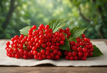 Fototapeta premium Organic viburnum berries, healthy superfood and autumn harvest concept, fresh red guelder rose fruit with green leaves on a rustic linen cloth background