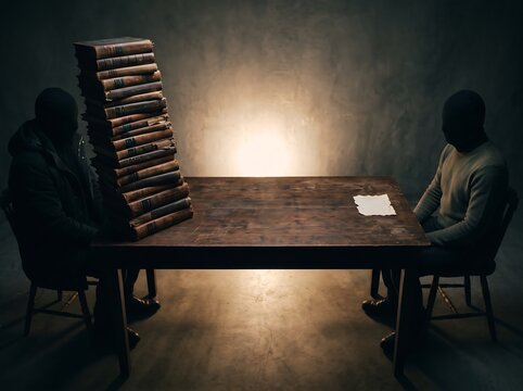 Two masked figures sitting at a wooden table with a high stack of books
