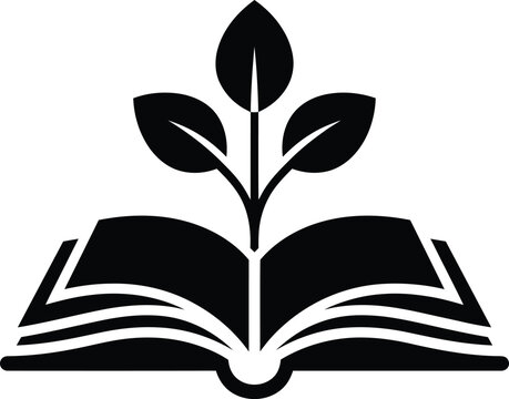 An open book with a growing plant sprouting from its pages is depicted in a black vector illustration reading learning