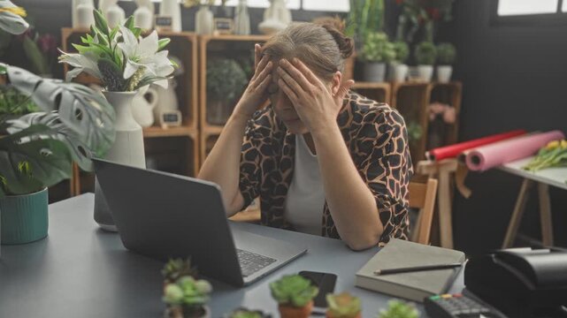 Woman florist at laptop rubbing neck and touching forehead in studio workspace with vases and plants; stress small business concern.