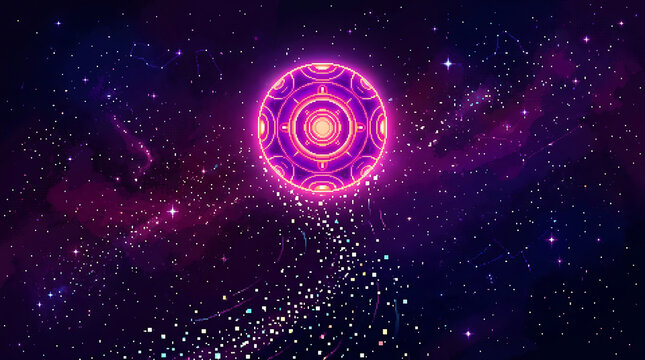 Glowing purple pixel art sun in deep space starry sky