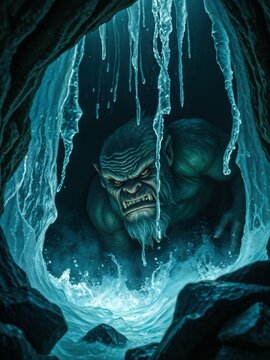Angry fantasy orc monster looking from a dark stone cave behind a cold splashing frozen waterfall.