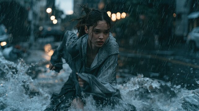 Young woman crawls through rushing floodwater during violent urban rainstorm