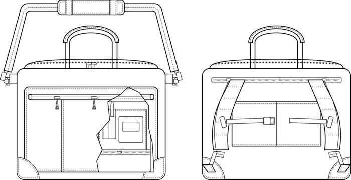 Technical Flat Sketch of Backpack with Front and Back Views Showing Zipper and Strap Details