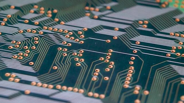 View of a part of an electronic printed circuit board with tracks and conductors, video macro shooting