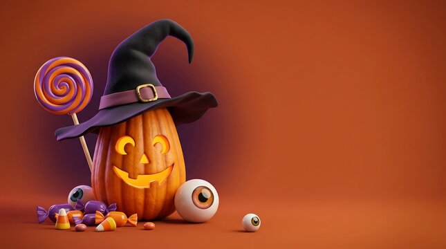 Halloween Jack o Lantern Pumpkin with Witch Hat and Sweets 3D Render Orange Background for Social Media Banner Web Design Marketing Concept Space
