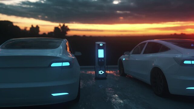 Modern Electric Cars Recharging Outdoors in Futuristic Twilight Environment