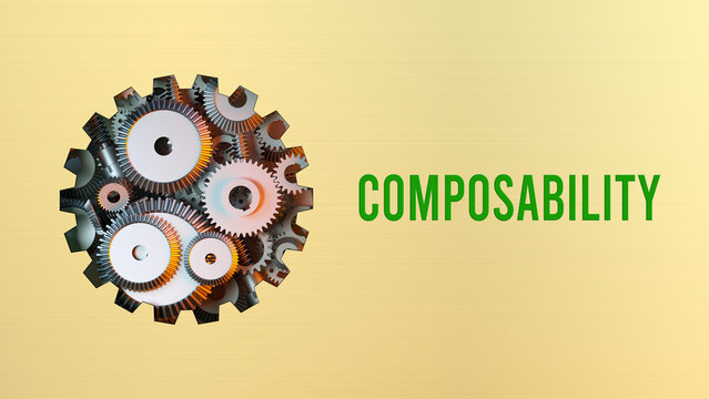 Metal Gears Representing Composability Concept with Interlocking Mechanical System on Yellow Background