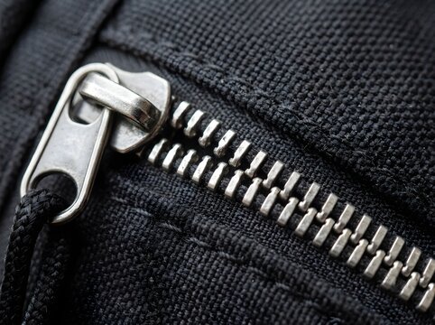Close-up of black zipper pull on textured fabric bag