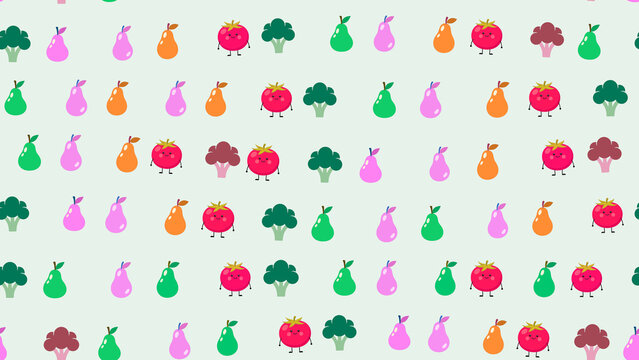 Cartoon Broccoli Pears and Tomatoes Pattern