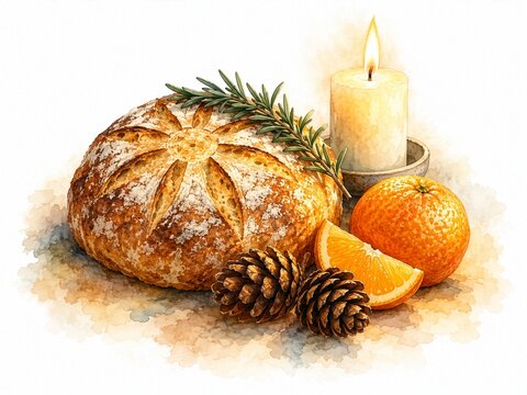 Winter solstice still life with sun-pattern bread, candle, orange and rosemary, symbolic return of light concept, watercolor illustration