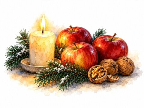 Winter solstice still life with candle, red apples, walnuts and evergreen branches, symbolic return of light concept, watercolor illustration