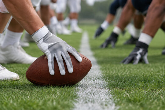 Close-up of hand gripping American football on grass field at line of scrimmage, players lined up in background ready for snap, sport game start concept