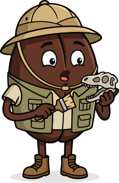 Coffee bean character as an archaeologist holding a dinosaur skull fossil