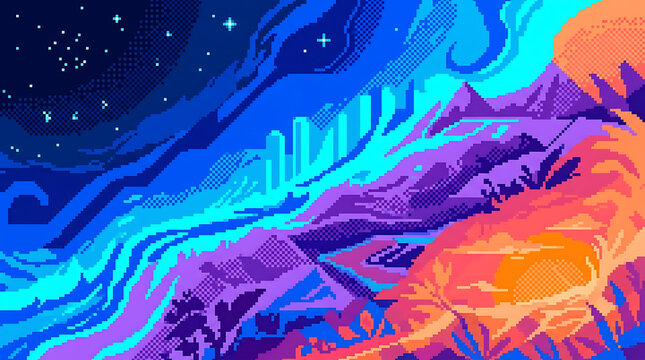 Colorful pixel art landscape with mountains and starry sky